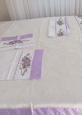el emeği Nakışlı Lila Pastel Yatak Örtüsü - Görsel 3