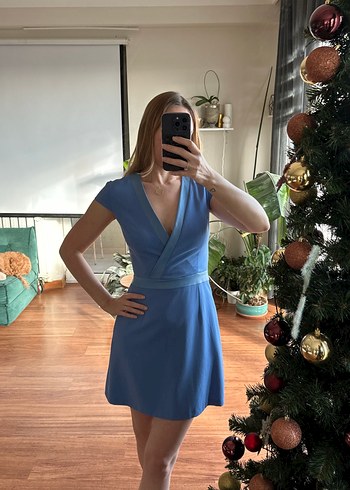 Klasik Şıklık Mini Mavi Kemerli Elbise - Görsel 7