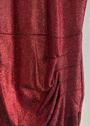 Parlak Kırmızı Drapeli Midi Abiye Elbise - Görsel 2