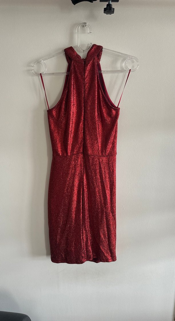 Parlak Kırmızı Drapeli Midi Abiye Elbise - Görsel 4