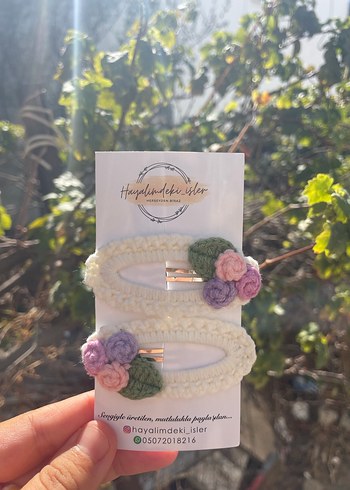 Turkuaz Örgü Çiçekli Çocuk Toka Seti - Görsel 12