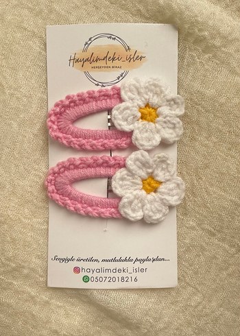 Turkuaz Örgü Çiçekli Çocuk Toka Seti - Görsel 8