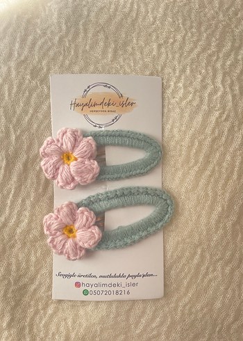 Turkuaz Örgü Çiçekli Çocuk Toka Seti - Görsel 6