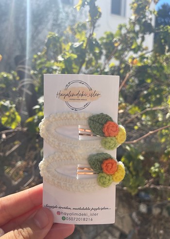 Turkuaz Örgü Çiçekli Çocuk Toka Seti - Görsel 11