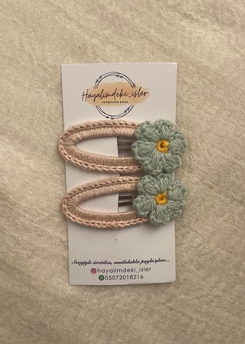 Turkuaz Örgü Çiçekli Çocuk Toka Seti - Görsel 3