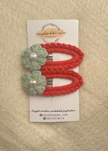 Turkuaz Örgü Çiçekli Çocuk Toka Seti - Görsel 2