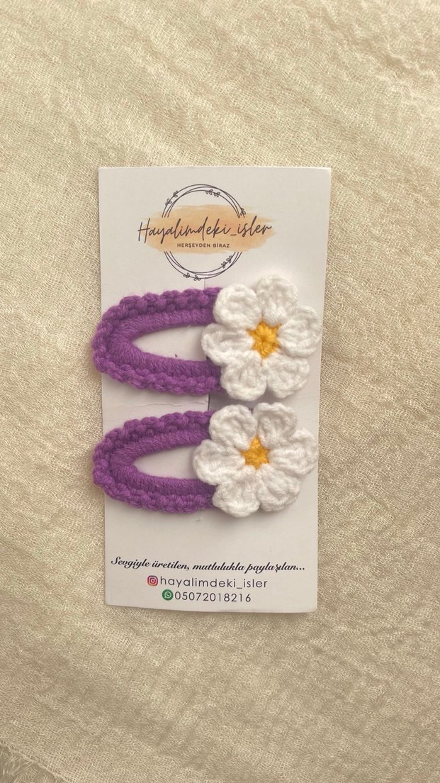 Turkuaz Örgü Çiçekli Çocuk Toka Seti - Görsel 4