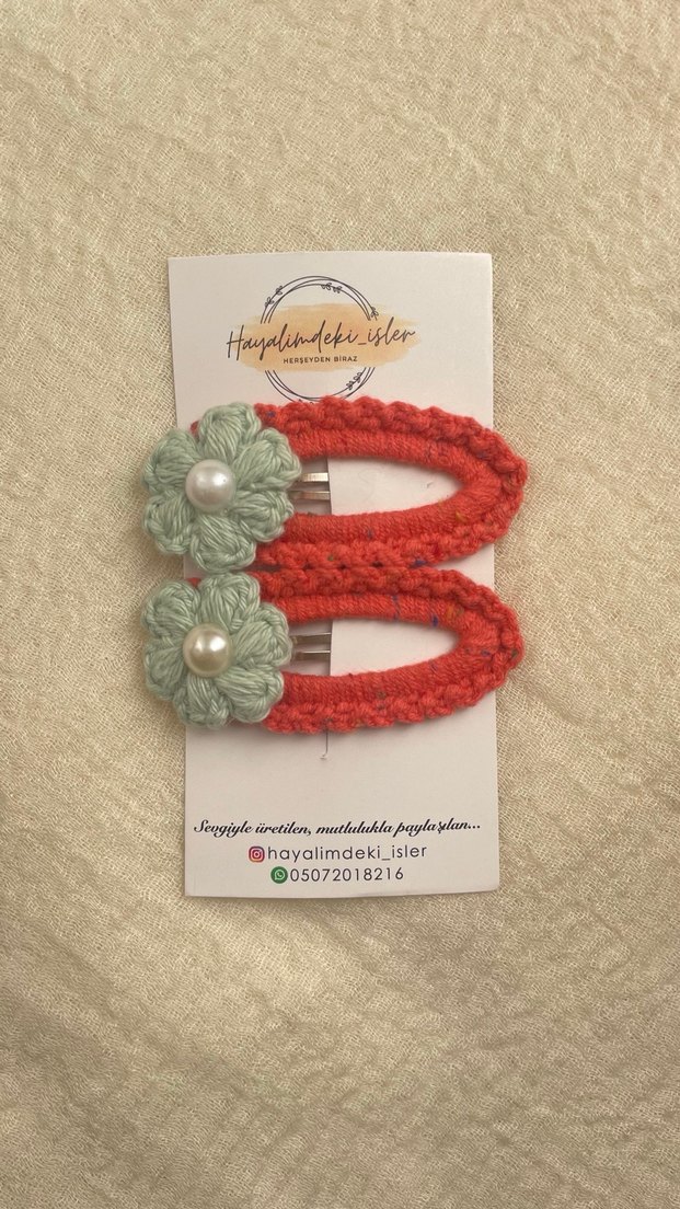 Turkuaz Örgü Çiçekli Çocuk Toka Seti - Görsel 2