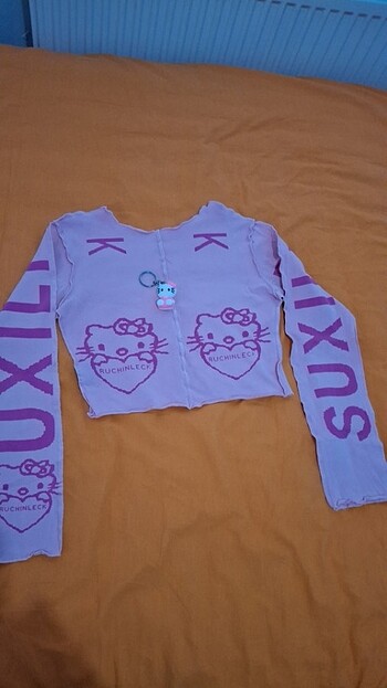 Bershka Köstebek pembe hello kitty-yarım uzun kadın uzun kollu crop