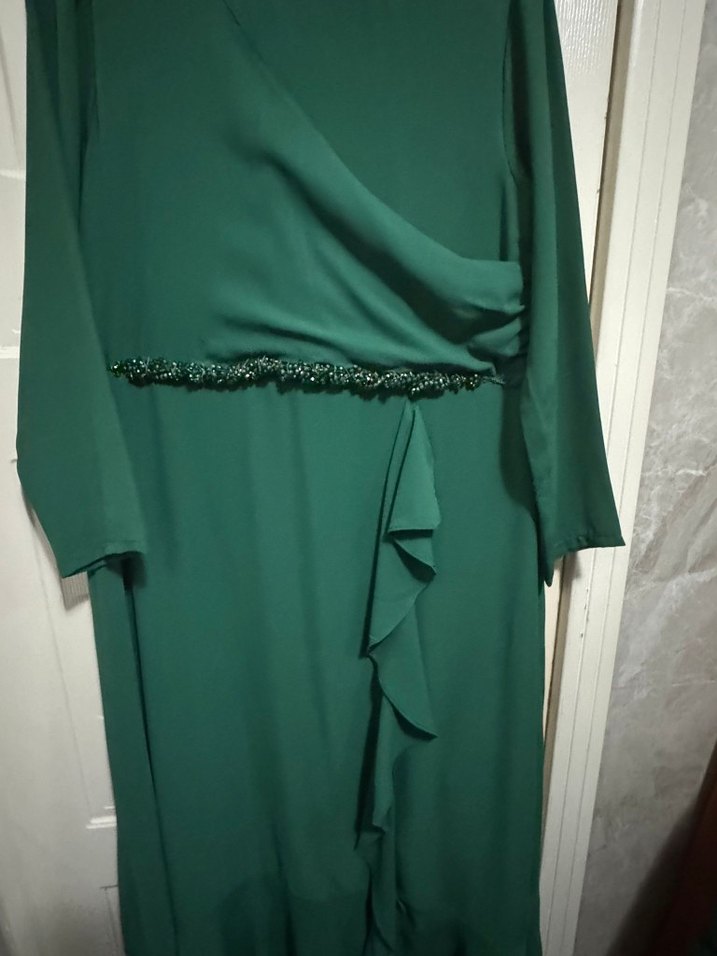 Uzun Yeşil Drapeli Kadın Abiye Elbise - Görsel 3