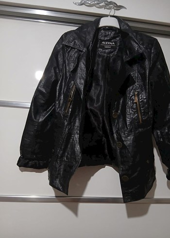 Düğmeli Siyah Deri Biker Ceket - Görsel 3