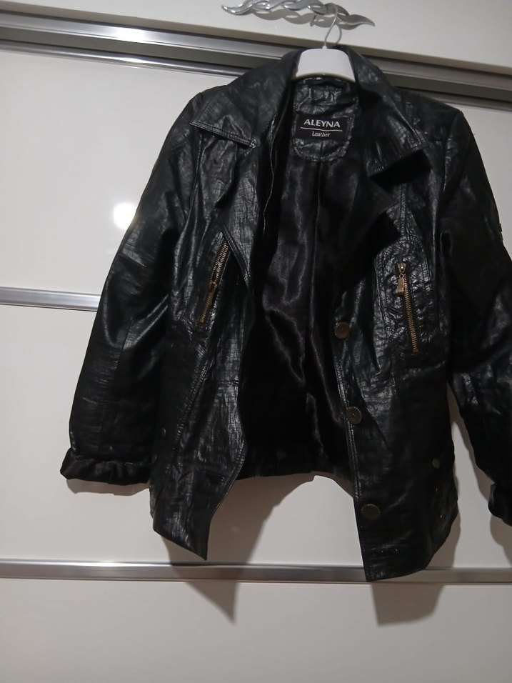 Düğmeli Siyah Deri Biker Ceket - Görsel 3