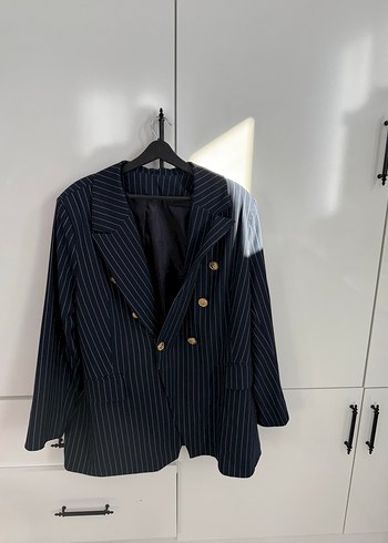 50 Beden Lacivert Çizgili Düğmeli Kadın Blazer