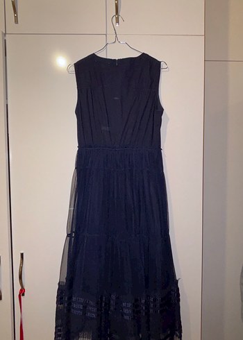 Lacivert Keten Uzun Kollu Fırfırlı Elbise - Görsel 4