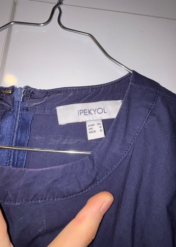 Lacivert Keten Uzun Kollu Fırfırlı Elbise - Görsel 3