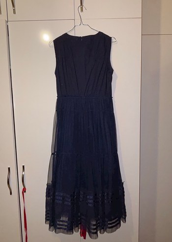 Lacivert Keten Uzun Kollu Fırfırlı Elbise - Görsel 5