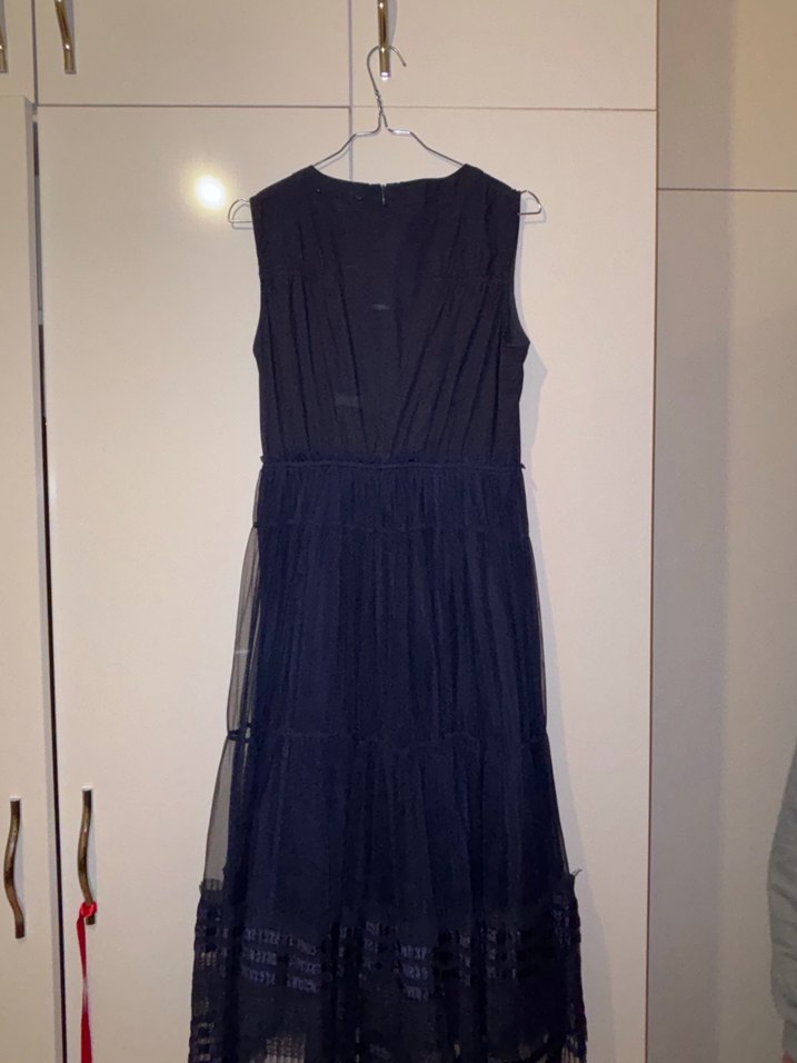 Lacivert Keten Uzun Kollu Fırfırlı Elbise - Görsel 4