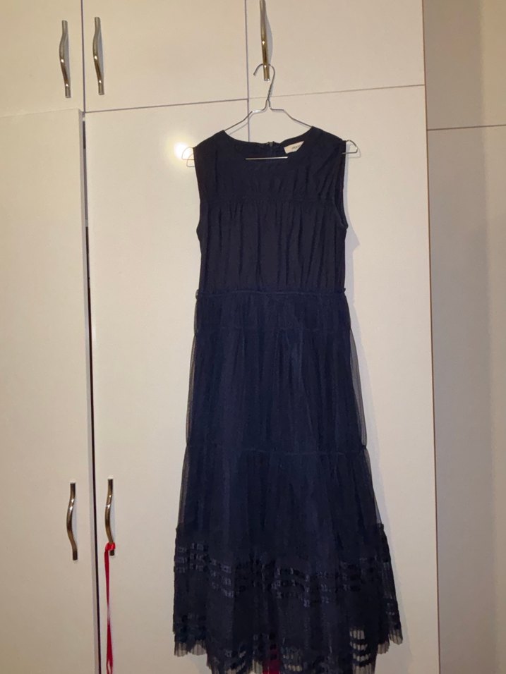 Lacivert Keten Uzun Kollu Fırfırlı Elbise - Görsel 2