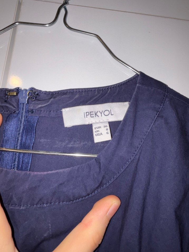 Lacivert Keten Uzun Kollu Fırfırlı Elbise - Görsel 3