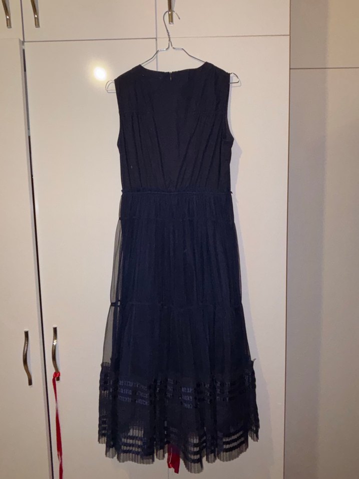 Lacivert Keten Uzun Kollu Fırfırlı Elbise - Görsel 5