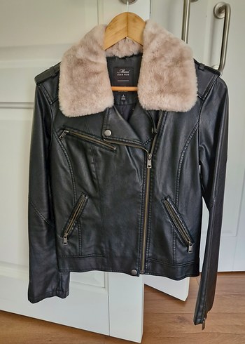 Kürk Detaylı Siyah Deri Biker Ceket - Görsel 2