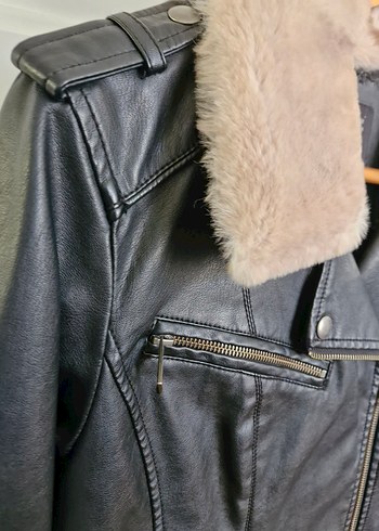 Kürk Detaylı Siyah Deri Biker Ceket - Görsel 8