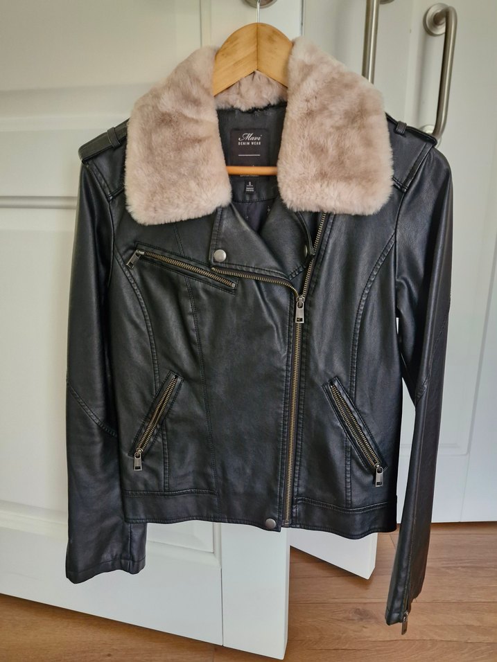 Kürk Detaylı Siyah Deri Biker Ceket - Görsel 2