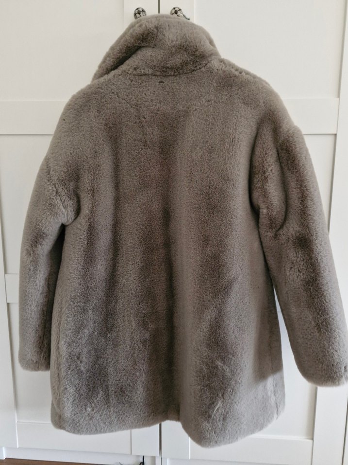 bej Midi Kadın Suni Kürk Ceket - Görsel 4