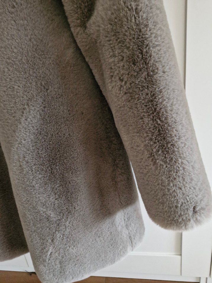 bej Midi Kadın Suni Kürk Ceket - Görsel 5