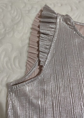 bayan Gri Keten Piliseli Elbise - Görsel 5