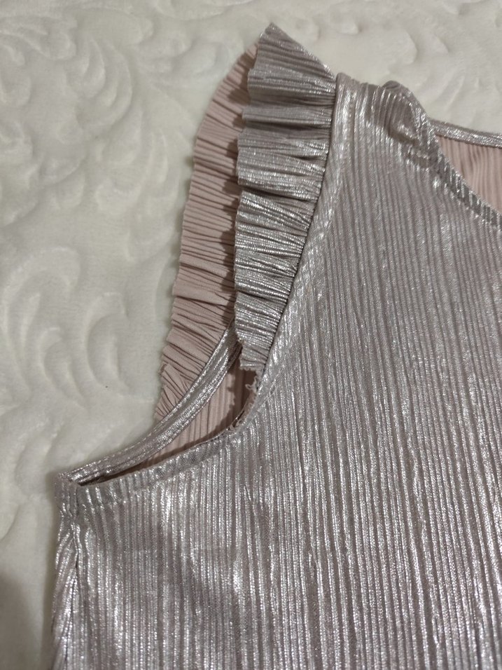 bayan Gri Keten Piliseli Elbise - Görsel 5