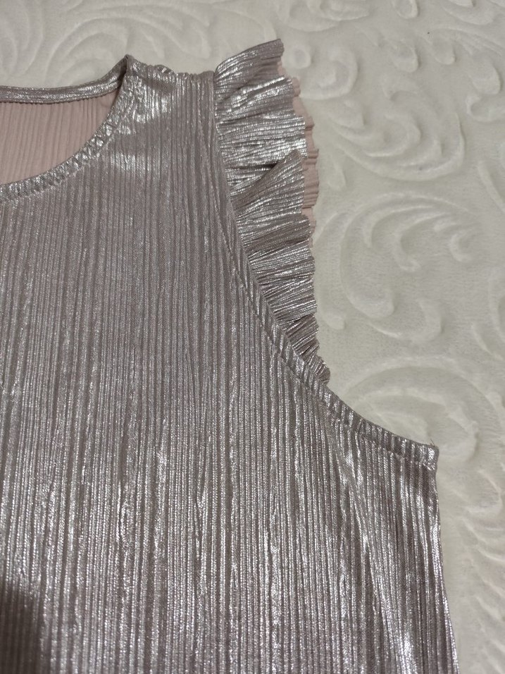 bayan Gri Keten Piliseli Elbise - Görsel 3