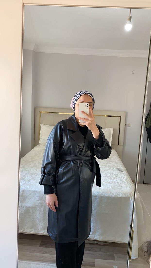 Deri Siyah Kuşaklı Uzun Trençkot - Görsel 2