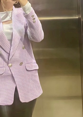 Mor Ekose Desenli Düğmeli Kadın Blazer