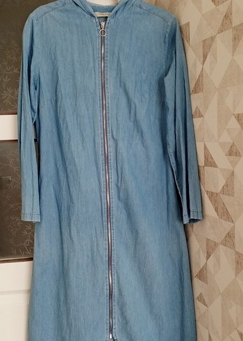 38 Beden Kadın Uzun Denim Ceket Fermuarlı Mavi