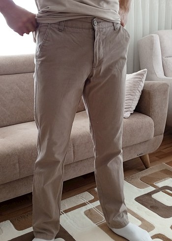 33 Beden Bej Regular Fit Keten Erkek Pantolon