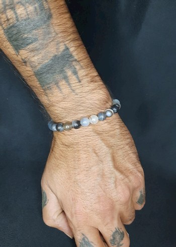 Beden Bohem Gri Bej Boncuklu Bileklik Akik Taşı Unisex