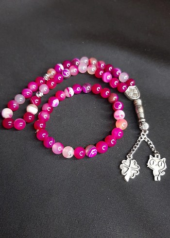 Pembe Renkli Bohem Tesbih ve Bileklik Set Akik Taşı