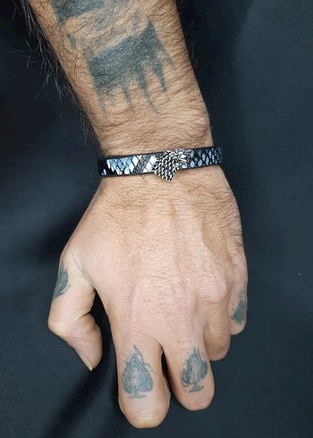 Kurt Başlı Lacivert Beyaz Gotik Erkek Bileklik - Görsel 3