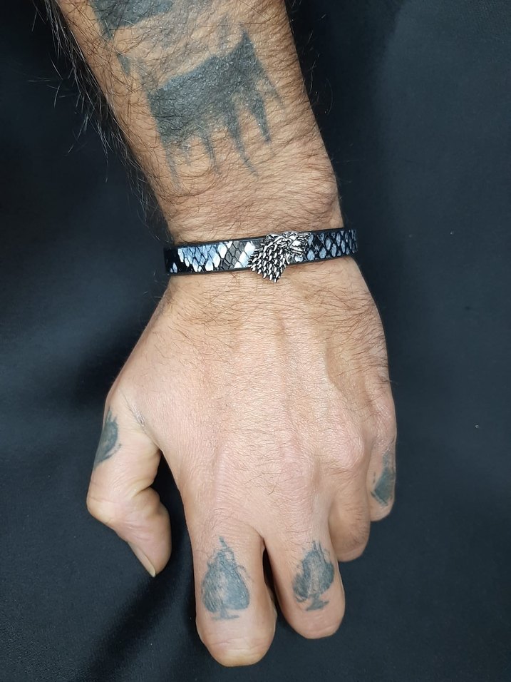 Kurt Başlı Lacivert Beyaz Gotik Erkek Bileklik - Görsel 3