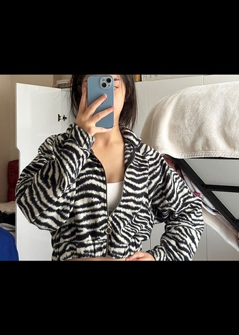 Gri Zebra Desenli Kadın Midi Ceket