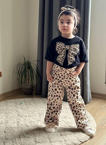 Leopar gabardin pantolonlu ikili kız takım