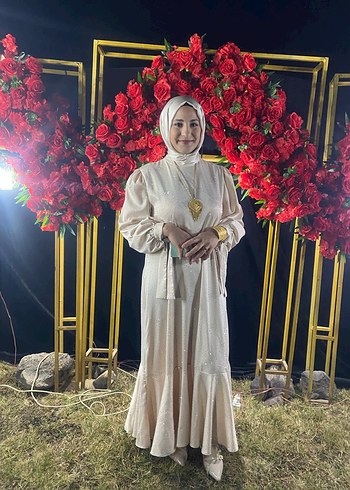 Uzun Kollu Bohem Beyaz Tesettür Elbise taşli bej renk - Görsel 2