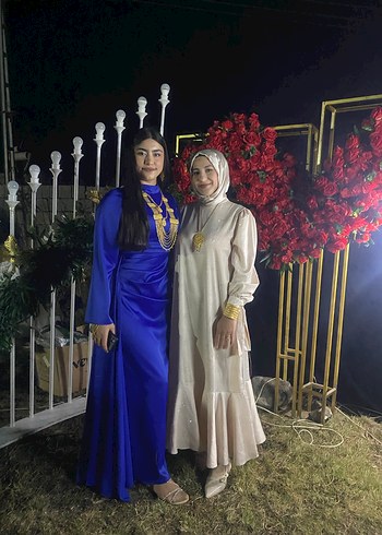 Uzun Kollu Bohem Beyaz Tesettür Elbise taşli bej renk - Görsel 5