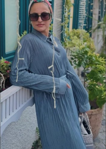 Zara Gri Piliseli Uzun Denim Elbise