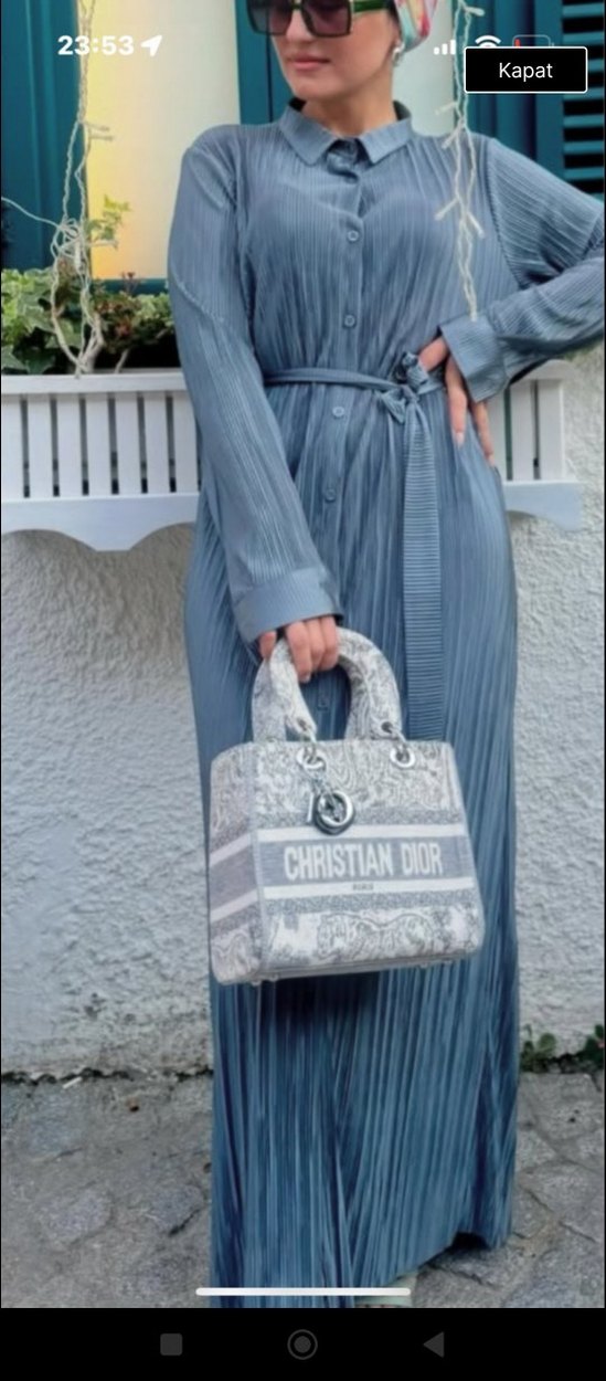 Gri Piliseli Uzun Denim Elbise - Görsel 5