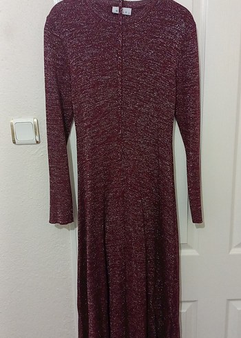 Bordo Uzun Triko Elbise Simli - Görsel 3