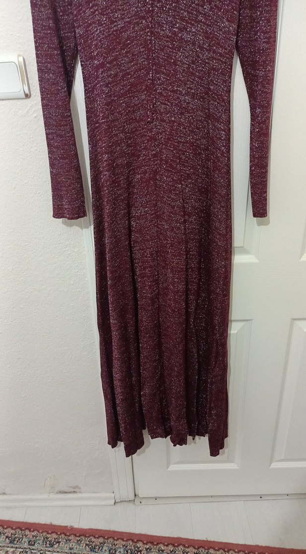 Bordo Uzun Triko Elbise Simli - Görsel 2