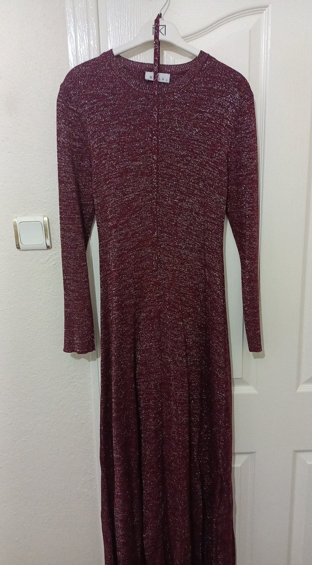 Bordo Uzun Triko Elbise Simli - Görsel 3