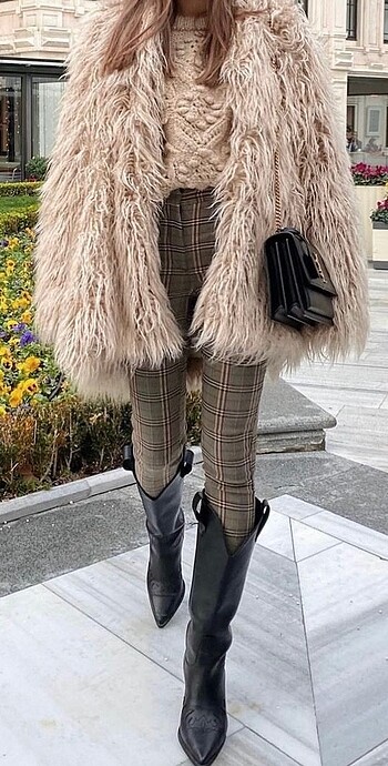36 Beden camel Renk Zara Kareli Pantolon